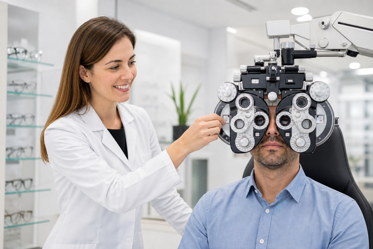Optometristka pri vyšetrení zraku